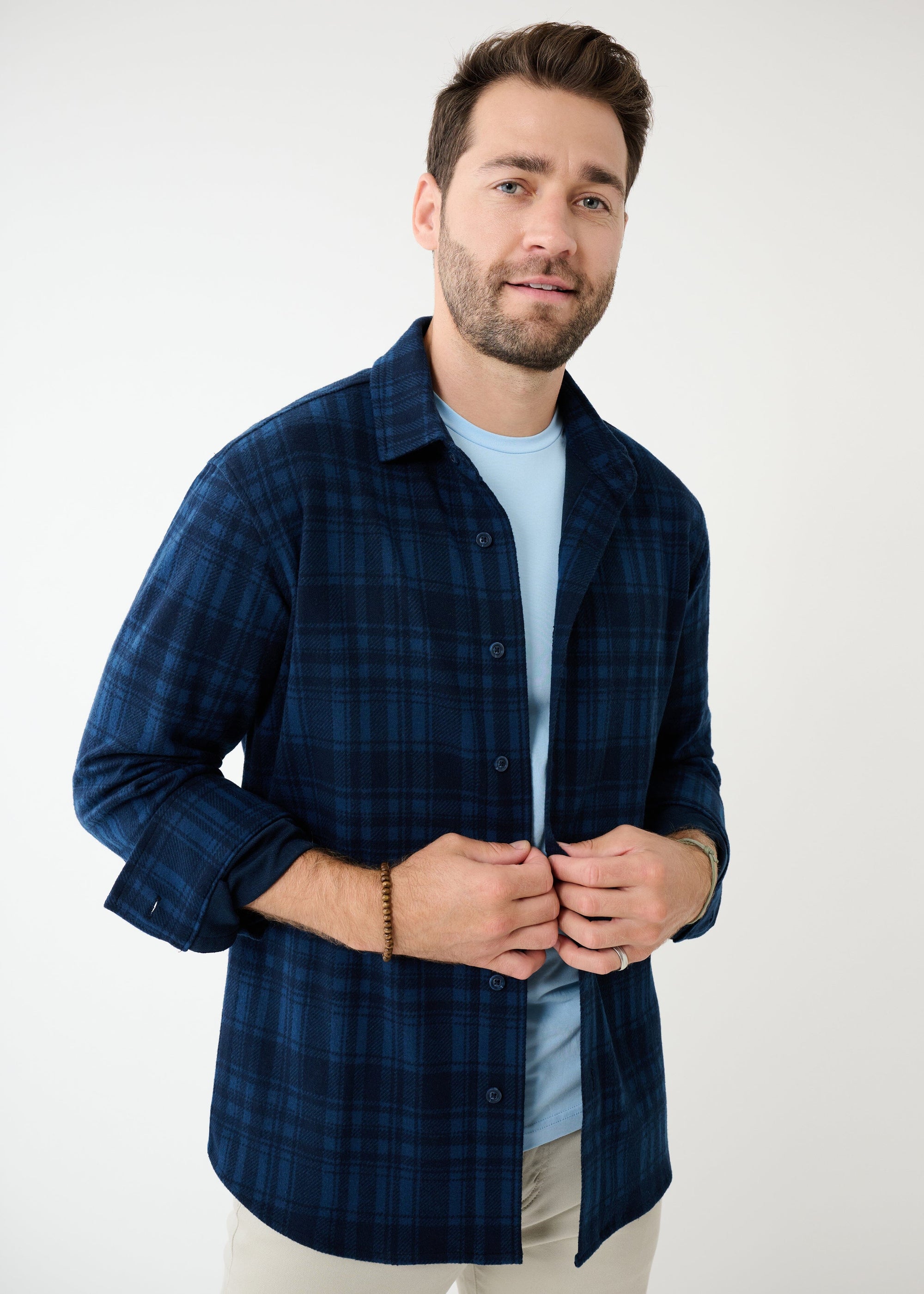 S 即日発送 Shadow Plaid Flannel Shirt Blue Knit Stretch Flannel Shirt | Blue Plaid – Swet Tailor
