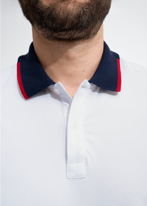 Performance Tipped Polo | White w/ Navy Collar & Red Tipping
