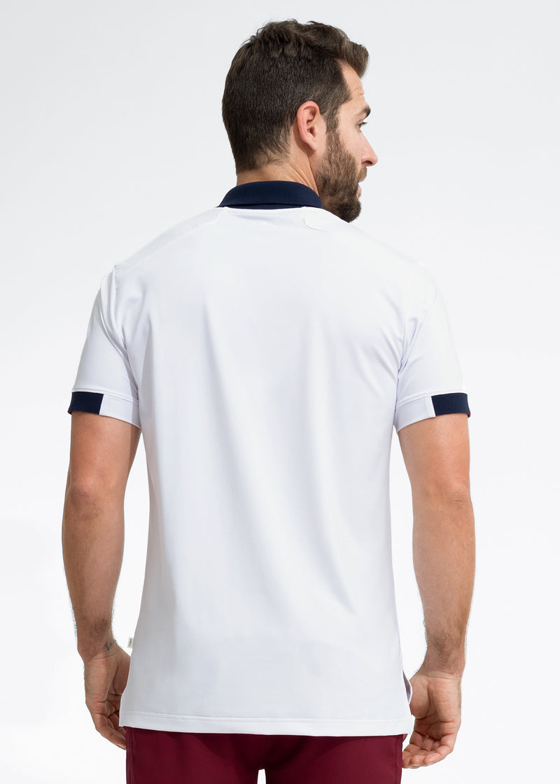 Performance Tipped Polo | White w/ Navy Collar & Red Tipping