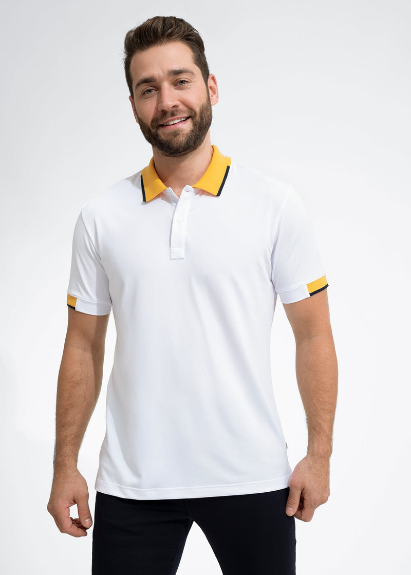 Performance Tipped Polo | White w/ Yellow Collar & Navy Tipping