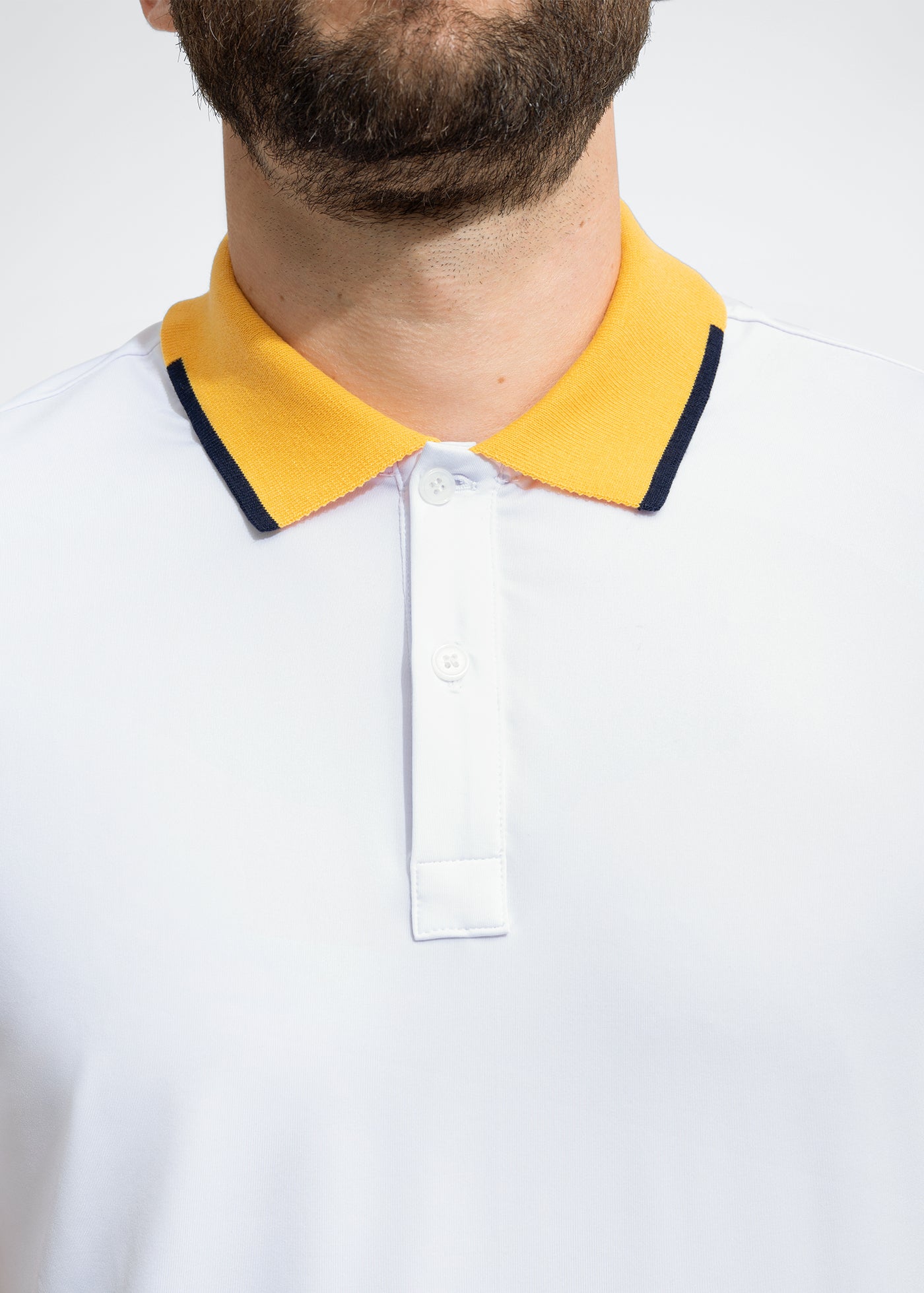 Performance Tipped Polo White w Yellow Collar Navy Tipping Swet Tailor