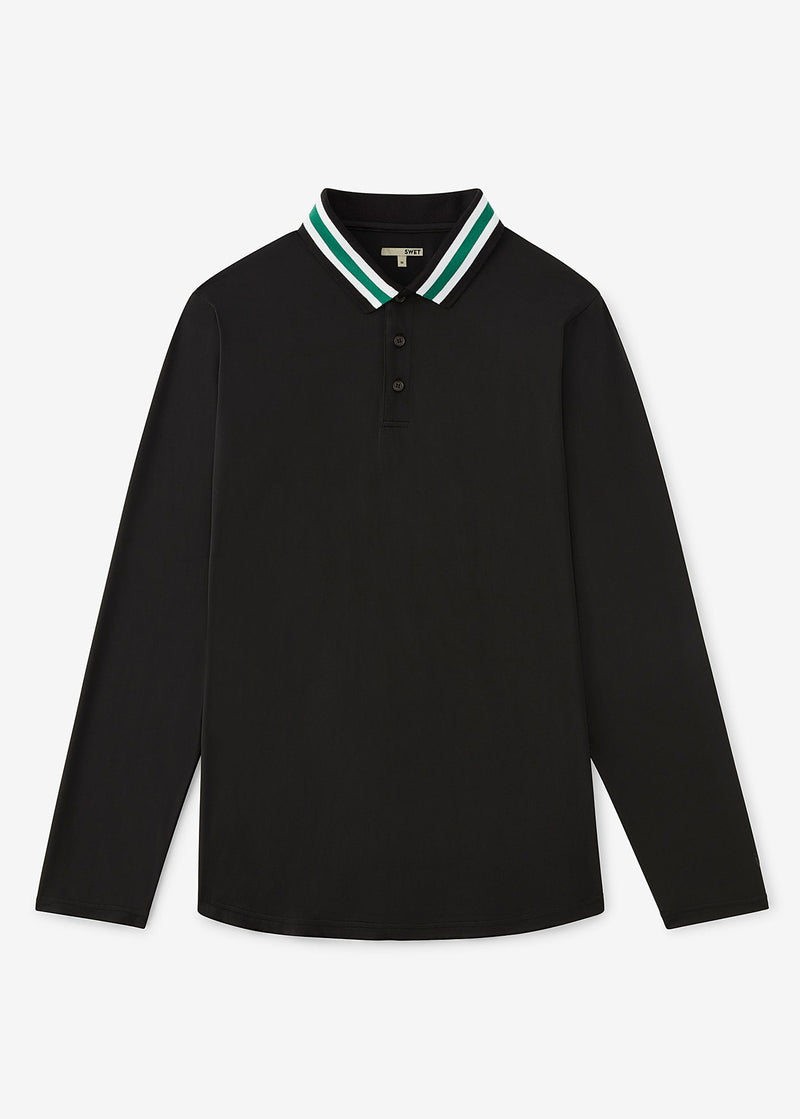 Varsity Striped Collar Polo | Black w/Green Tipping